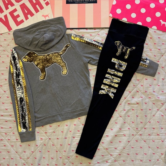 VS PINK SET FULL ZIP HOODIE & YOGA LEGGINGS GOLD SILVER BLING DOG PUP LOGO RARE